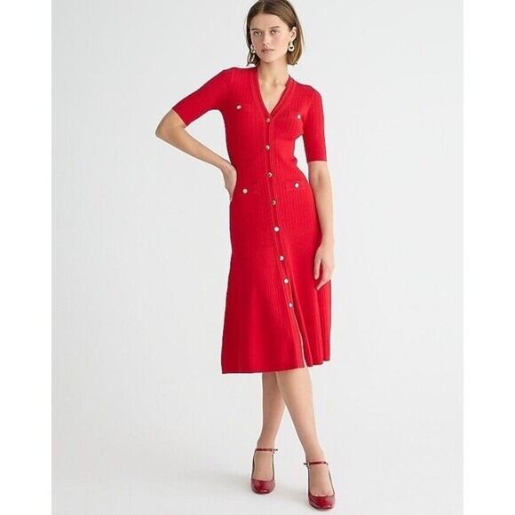 J.Crew Dresses & Skirts - J.Crew Rib Knit Sweater Midi Dress Holiday Red Button Front Size Medium